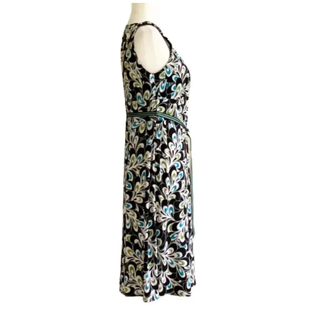 LOFT Dress Brown Blue Green Floral Sleeveless Ribbon Belted Dress Size 6